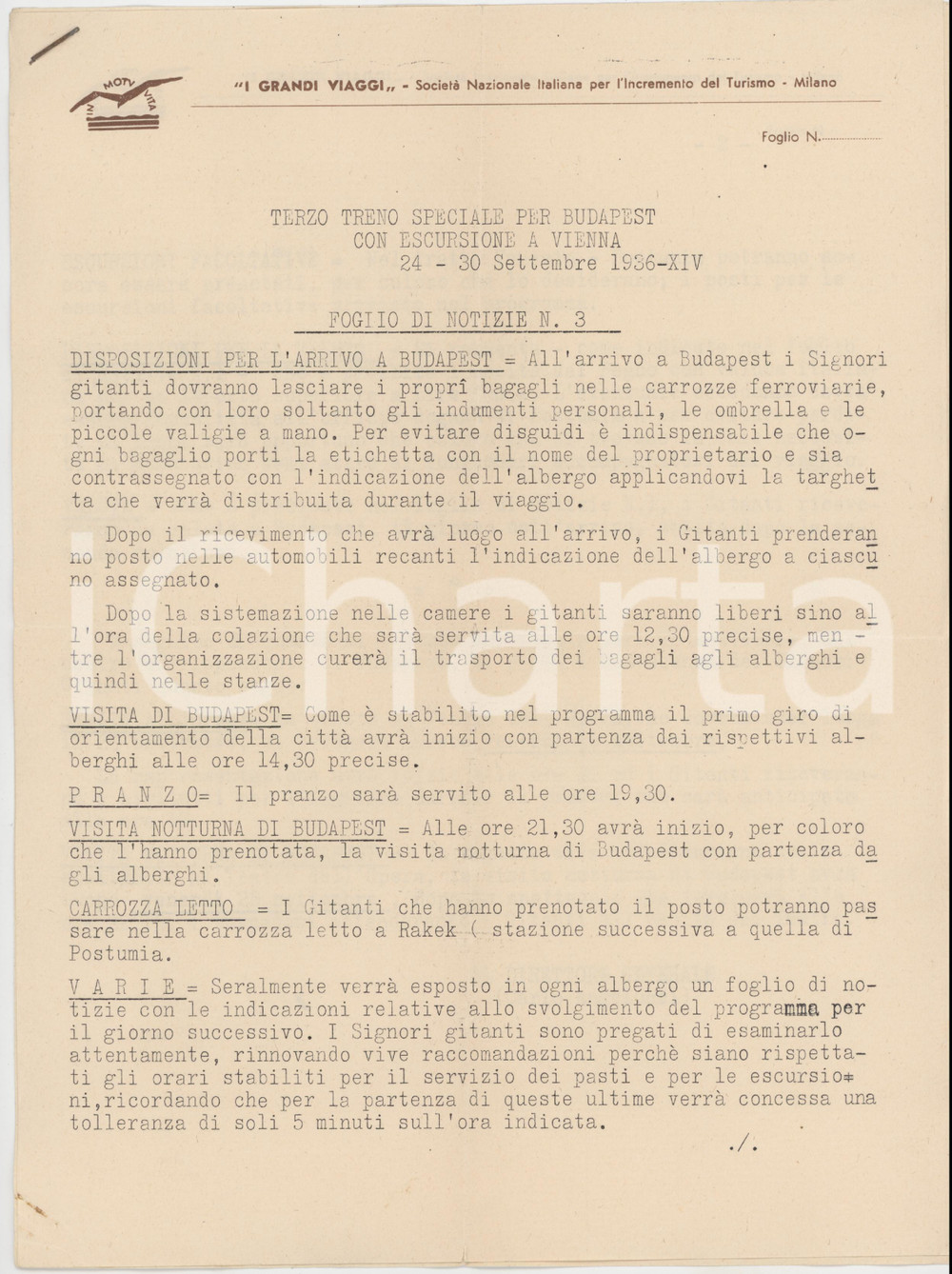 1936 MILANO - I GRANDI VIAGGI - Programma viaggio a Budapest *TURISMO