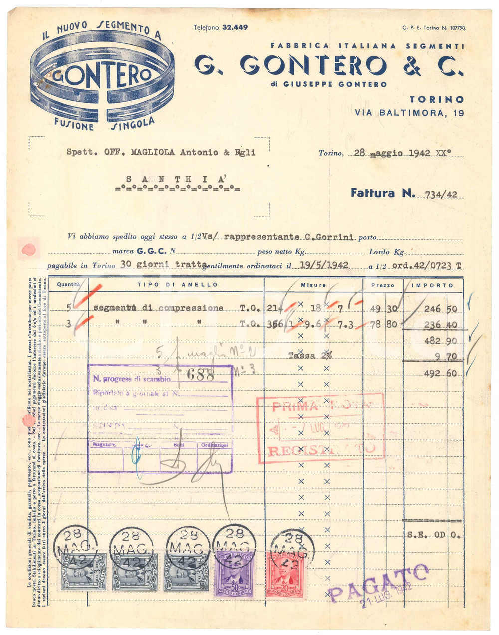 1942 TORINO Via Baltimora 19 - Giuseppe GONTERO & C. Fabbrica Segmenti - Fattura Fattura commerciale d'epoca dattiloscritta, su carta intestata.Presenti marche da bollo.PAGINE: 1 FAIR/discreto piegature d'epoca; fori da classificatore; piccoli fori da spillatura; tracce di ruggine; lievi fioriture; macchia al lato superiore Formato: 23x29 cm originale e autentica 1