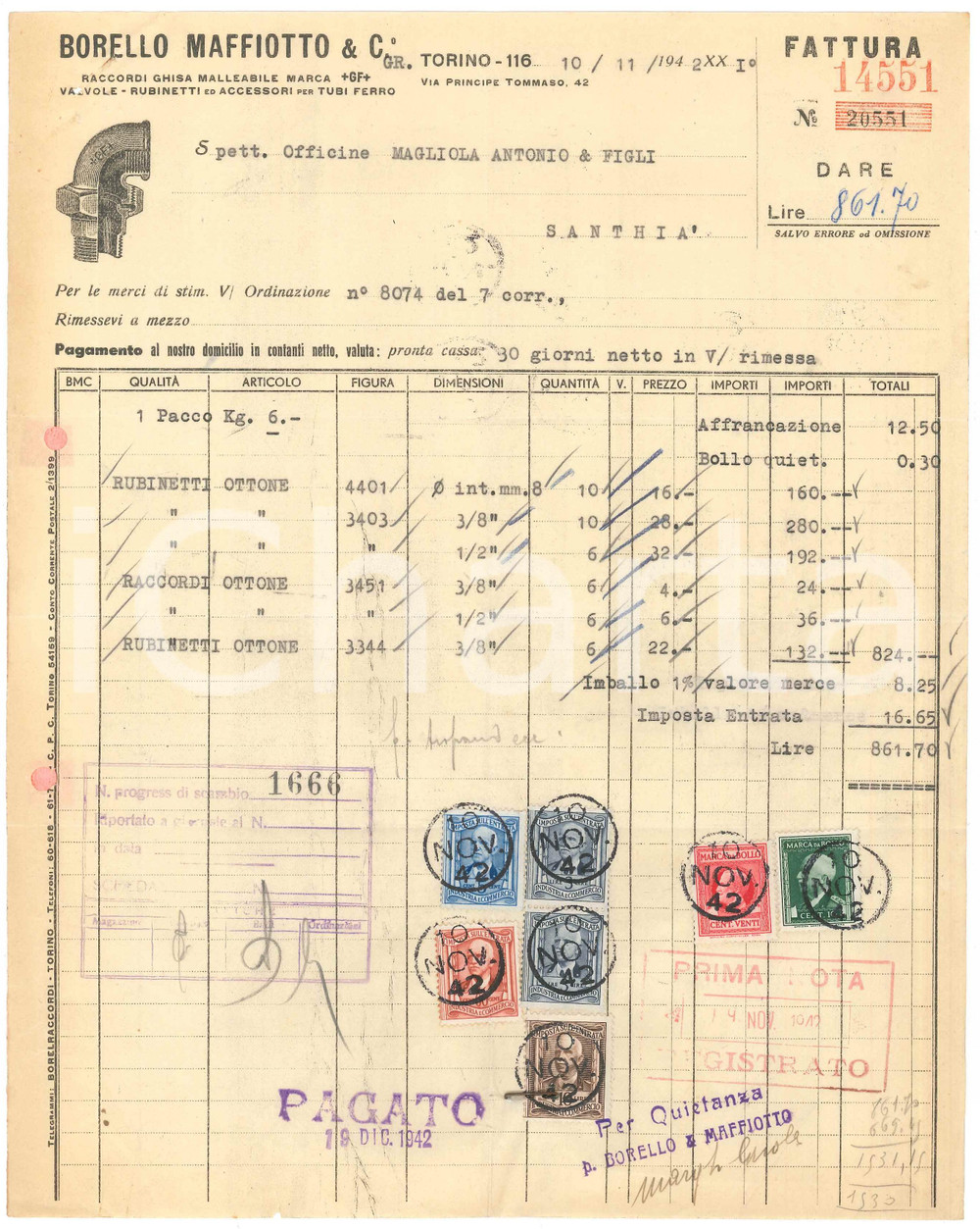Documento originale, autentico 1942 TORINO Via Principe Tommaso  BORELLO MAFFIOTTO & C. Rubinetti Fattura 1 1