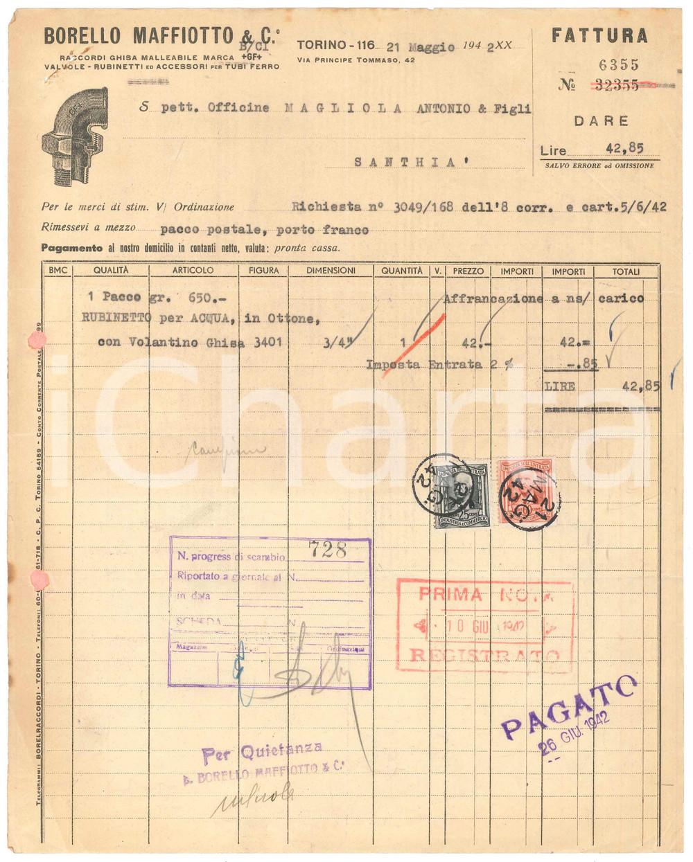 Documento originale, autentico 1942 TORINO Via Principe Tommaso  BORELLO MAFFIOTTO & C. Rubinetti Fattura 2 1