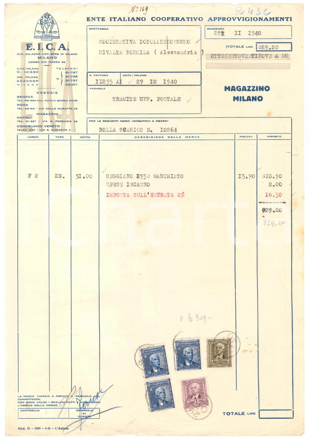 Documento originale, autentico 1940 MILANO C.so XXII Marzo EICA Ente Cooperativo Approvvigionamenti Fattura 1 1