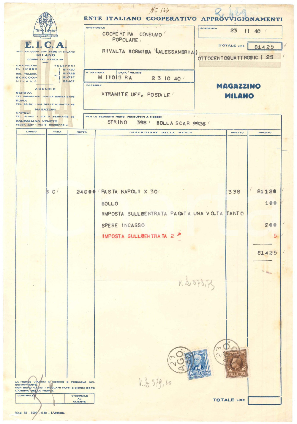 Documento originale, autentico 1940 MILANO C.so XXII Marzo EICA Ente Cooperativo Approvvigionamenti Fattura 2 1