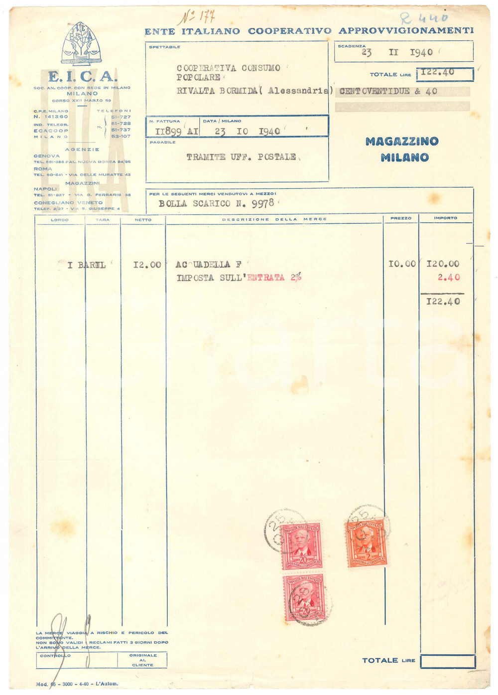 Documento originale, autentico 1940 MILANO C.so XXII Marzo EICA Ente Cooperativo Approvvigionamenti Fattura 3 1