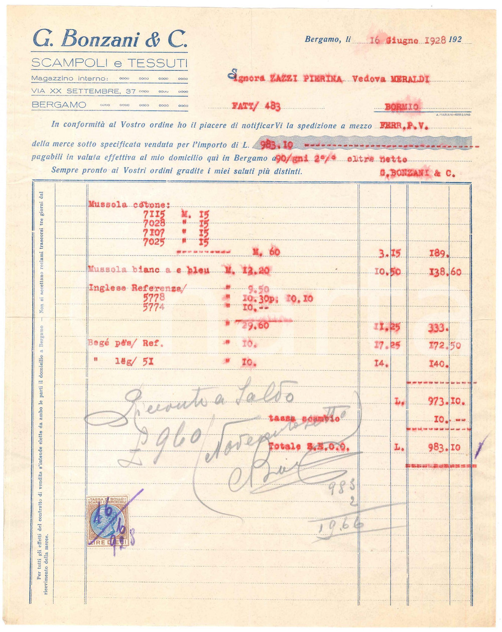 1928 BERGAMO Via XX Settembre 37 - G. BONZANI & C. Scampoli e tessuti - Fattura Fattura commerciale d'epoca dattiloscritta, su carta intestata.Presente marca da bollo.PAGINE: 1 POOR/danneggiato piegature d'epoca; gualciture Formato: 22x28 cm originale e autentica 1
