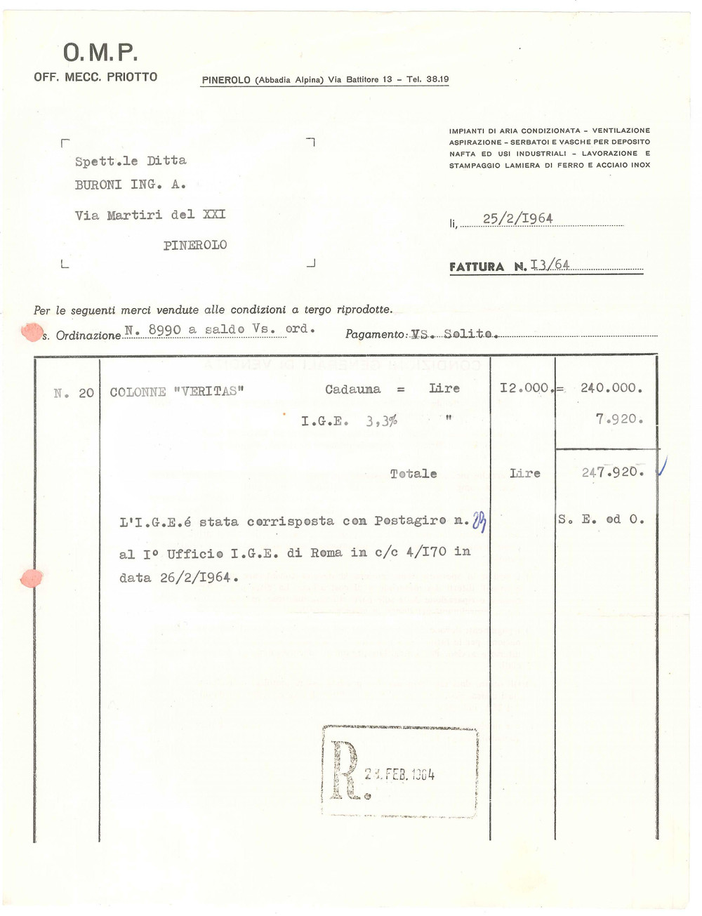 1964 PINEROLO (TO) O.M.P. Officine Meccaniche PRIOTTO - Fattura commerciale (2)