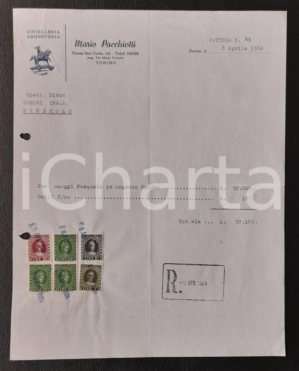 1964 TORINO Piazza San Carlo 141 - Mario PACCHIOTTI Gioielleria - Fattura (2)