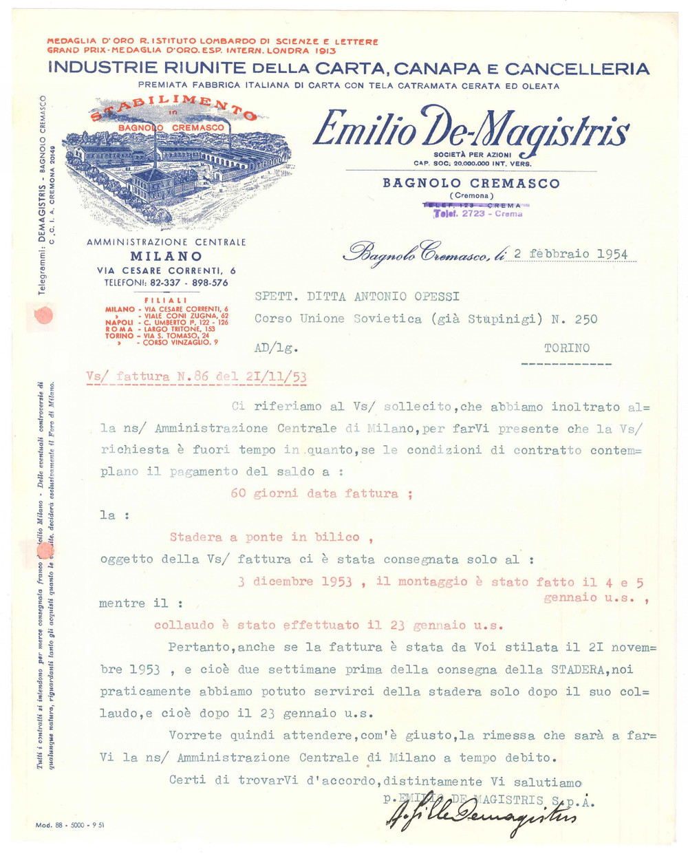 1954 BAGNOLO CREMASCO (CR) - Emilio DE MAGISTRIS Fabbrica di carta - Lettera (1)