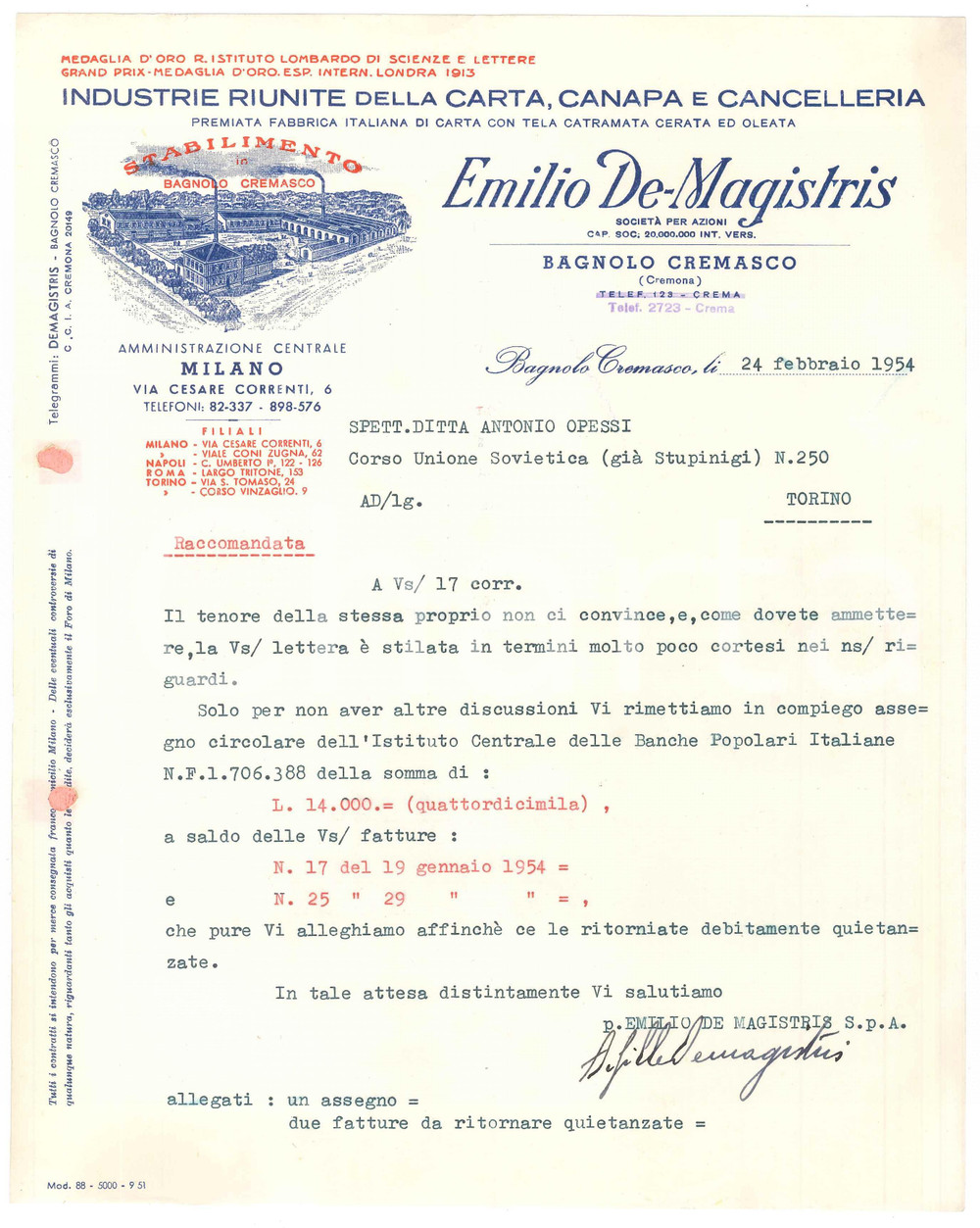 1954 BAGNOLO CREMASCO (CR) - Emilio DE MAGISTRIS Fabbrica di carta - Lettera (2)