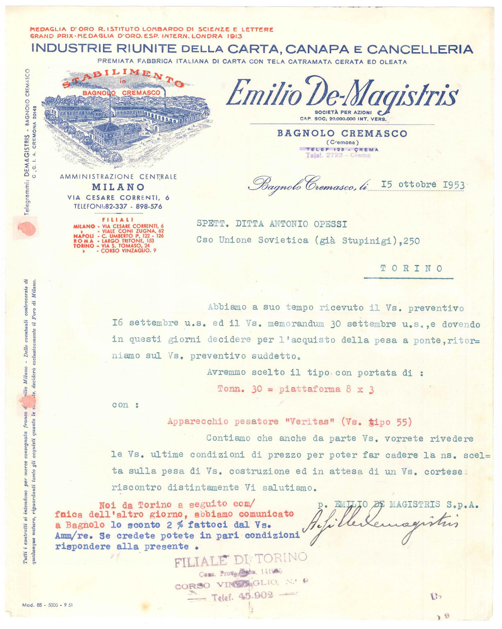 1953 BAGNOLO CREMASCO (CR) - Emilio DE MAGISTRIS Fabbrica di carta - Lettera Lettera commerciale d'epoca dattiloscritta, su carta intestata illustrata.PAGINE: 1 FAIR/discreto piegature d'epoca; fori da classificatore; piccola macchia al lato inferiore Formato: 23x28 cm originale e autentica 1