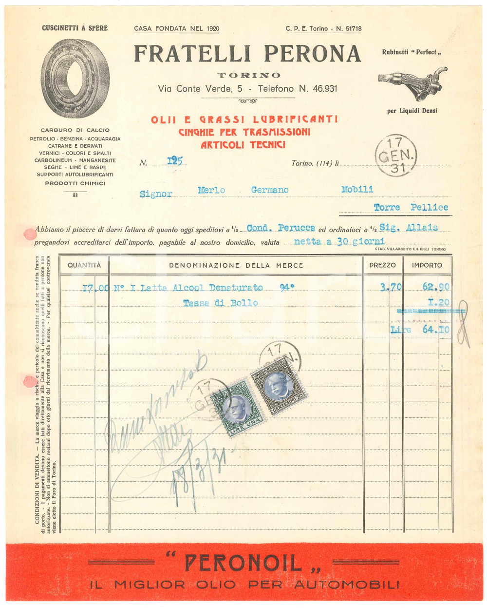 1931 TORINO Via Conte Verde 5 - Fratelli PERONA - Fattura per alcool denaturato