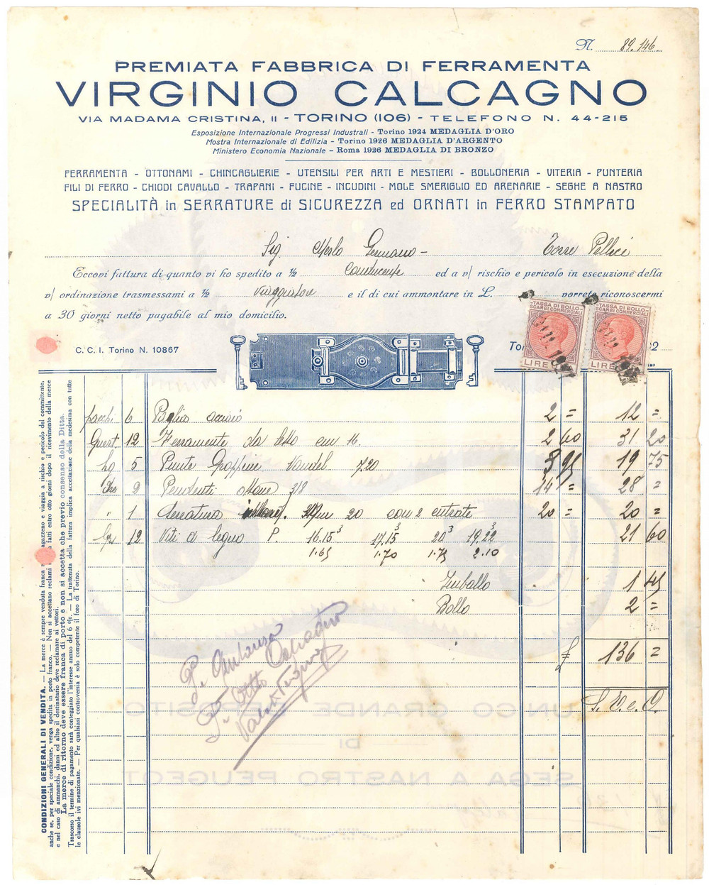 1927 TORINO Via Madama Cristina 11 - Virginio CALCAGNO Ferramenta - Fattura