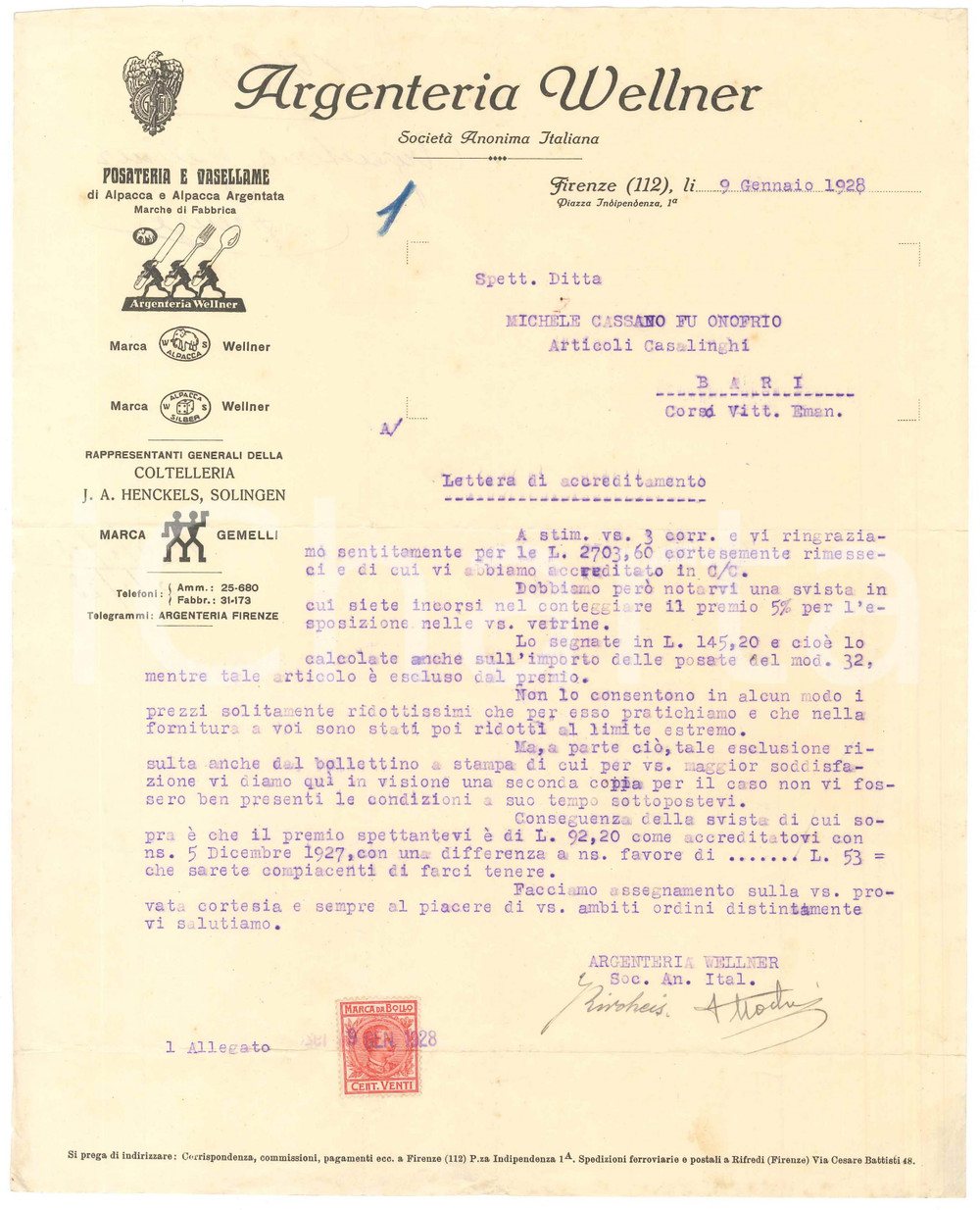 1928 FIRENZE Piazza Indipendenza 1 Argenteria WELLNER *Lettera di accreditamento