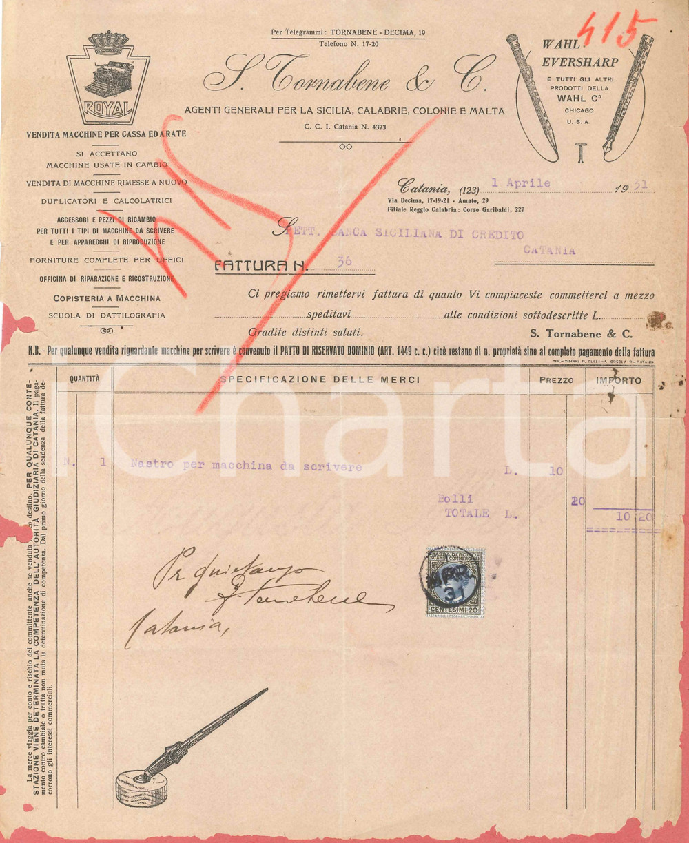 1931 CATANIA Via Decima - S. TORNABENE & C. Macchina per cassa ed arate *Fattura