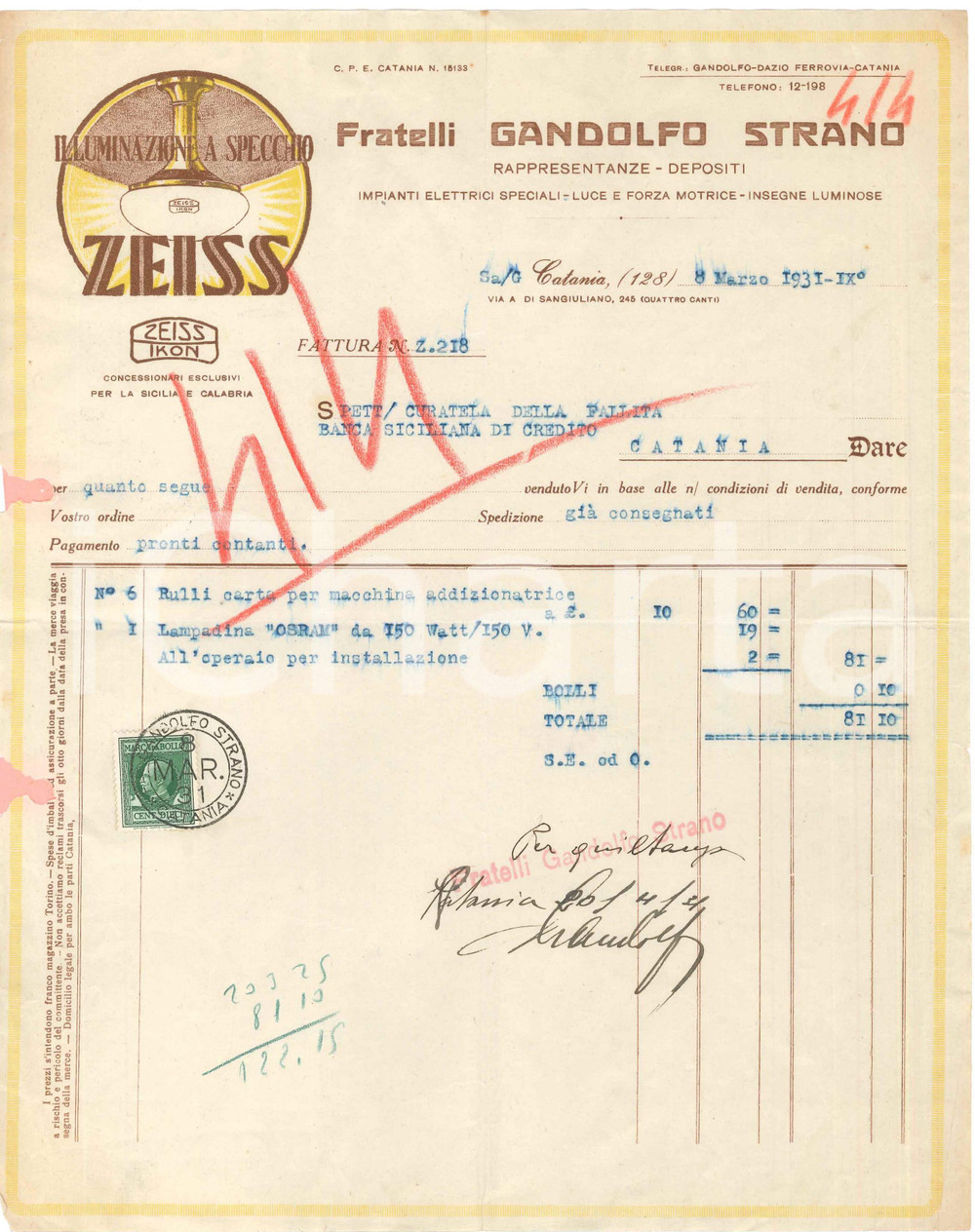 1931 CATANIA Fratelli Gandolfo STRANO Illuminazione a specchio ZEISS *Fattura