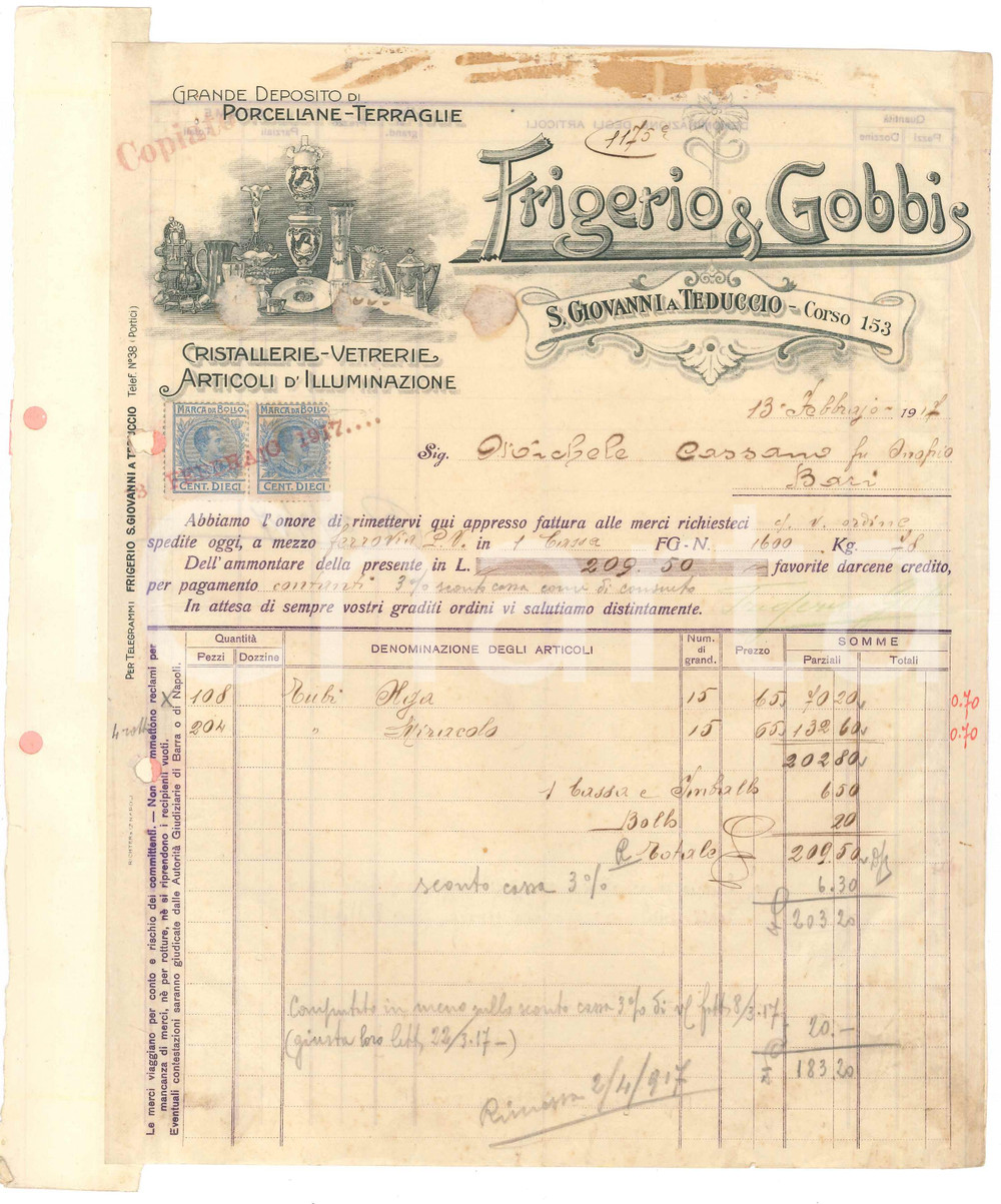 1917 SAN GIOVANNI A TEDUCCIO - FRIGERIO & GOBBI Cristallerie - Fattura