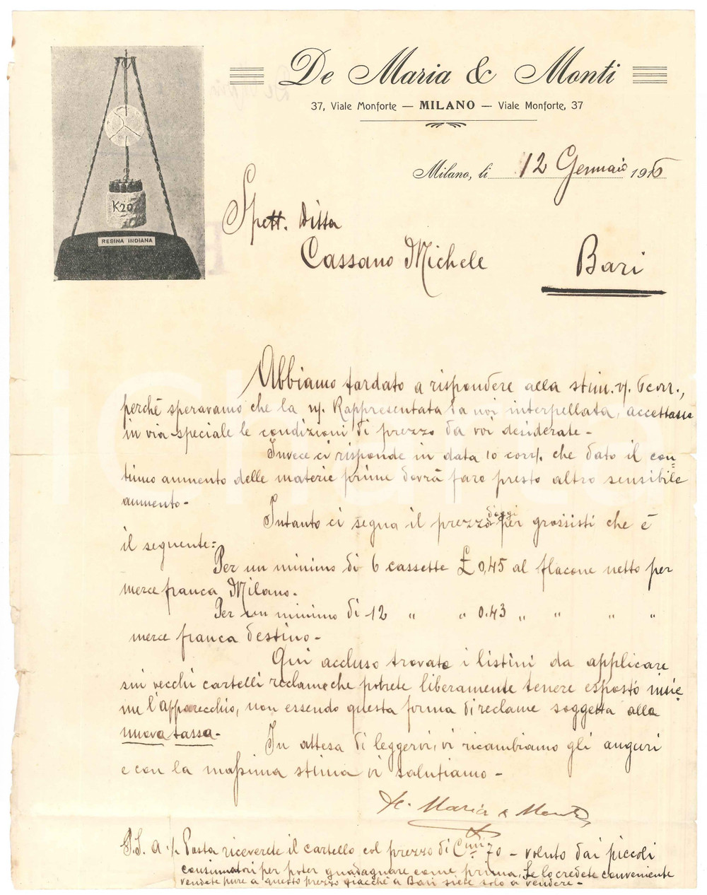1916 MILANO viale Monforte 37 - DE MARIA & MONTI Resina indiana - Lettera
