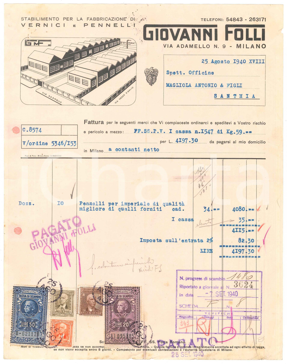 1940 MILANO Via Adamello 9 - Giovanni FOLLI Vernici e pennelli - Fattura (7)