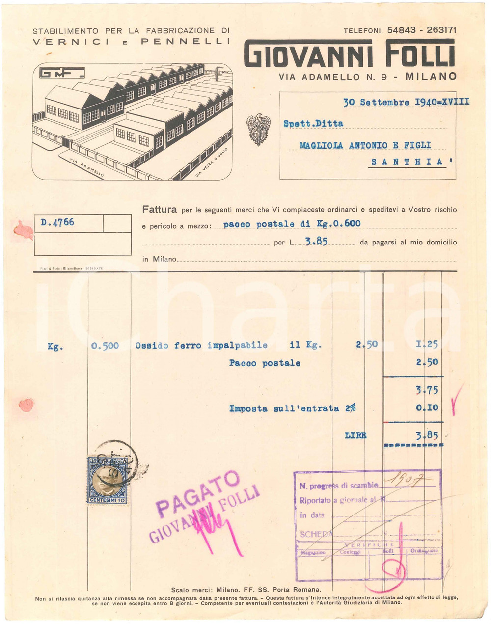1940 MILANO Via Adamello 9 - Giovanni FOLLI Vernici e pennelli - Fattura (6)