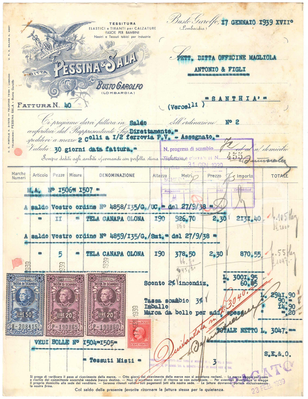 1939 BUSTO GAROLFO (MI) Ditta PESSINA & SALA Tessitura - Fattura tela canapa