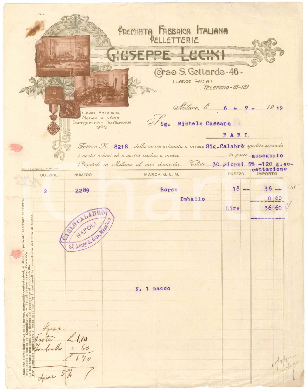 1912 MILANO Corso San Gottardo 46 - Giuseppe LUCINI Pelletterie *Fattura