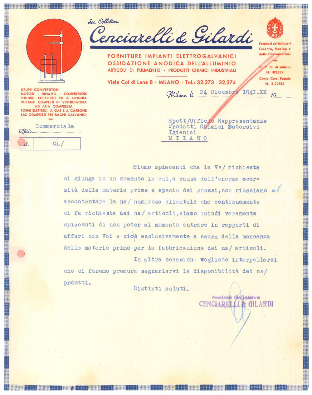 1941 MILANO Viale Col di Lana 8 - CENCIARELLI & GILARDI Impianti *Lettera