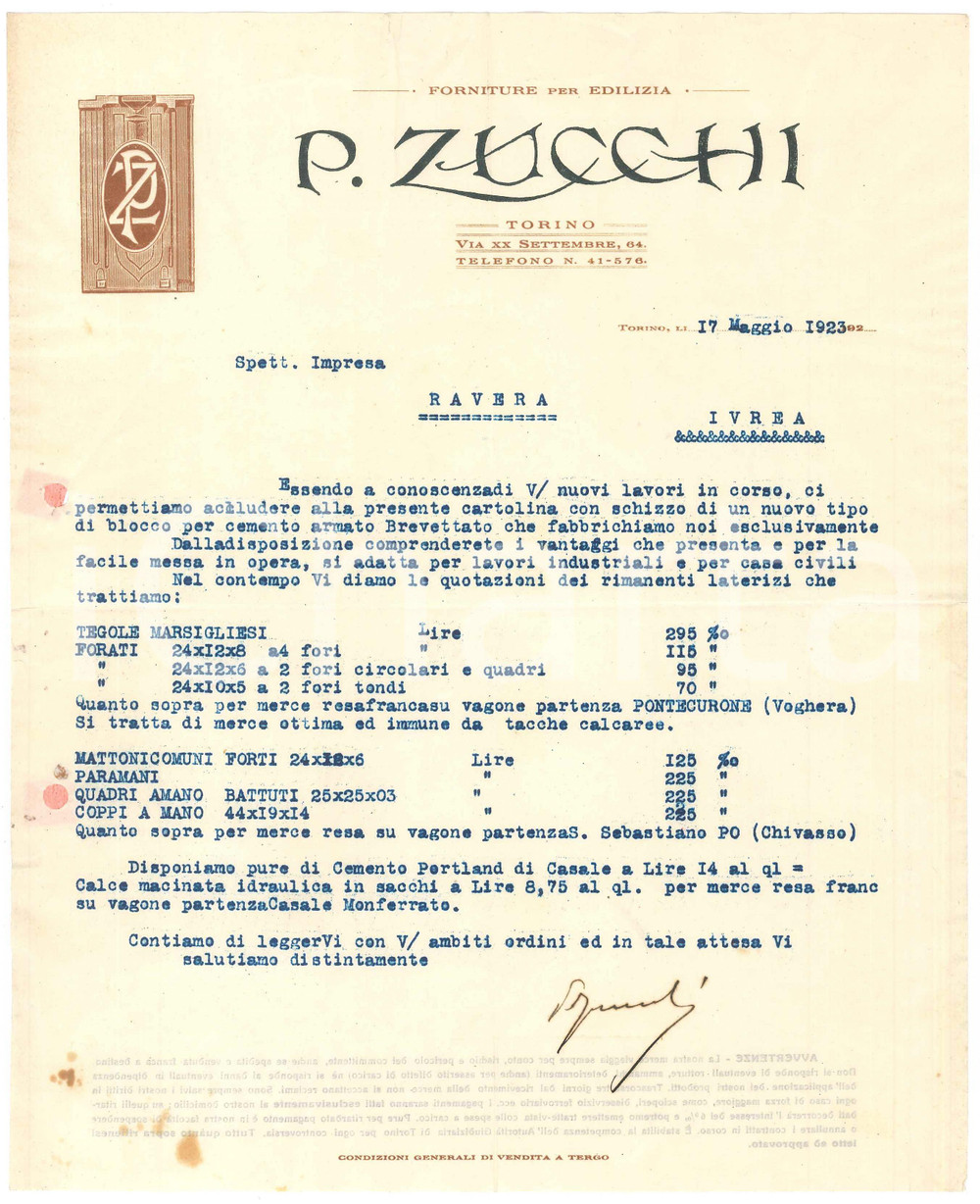 1923 TORINO via XX Settembre 64 - P. ZUCCHI Forniture edilizia *Lettera