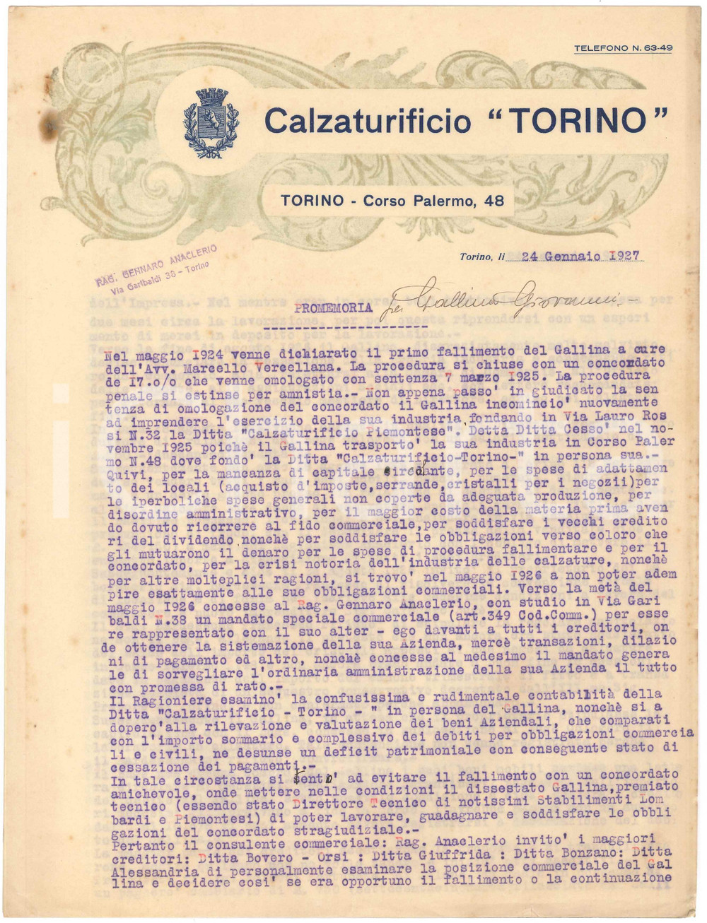 1927 TORINO Corso Palermo 48 - Calzaturificio TORINO - Promemoria fallimento