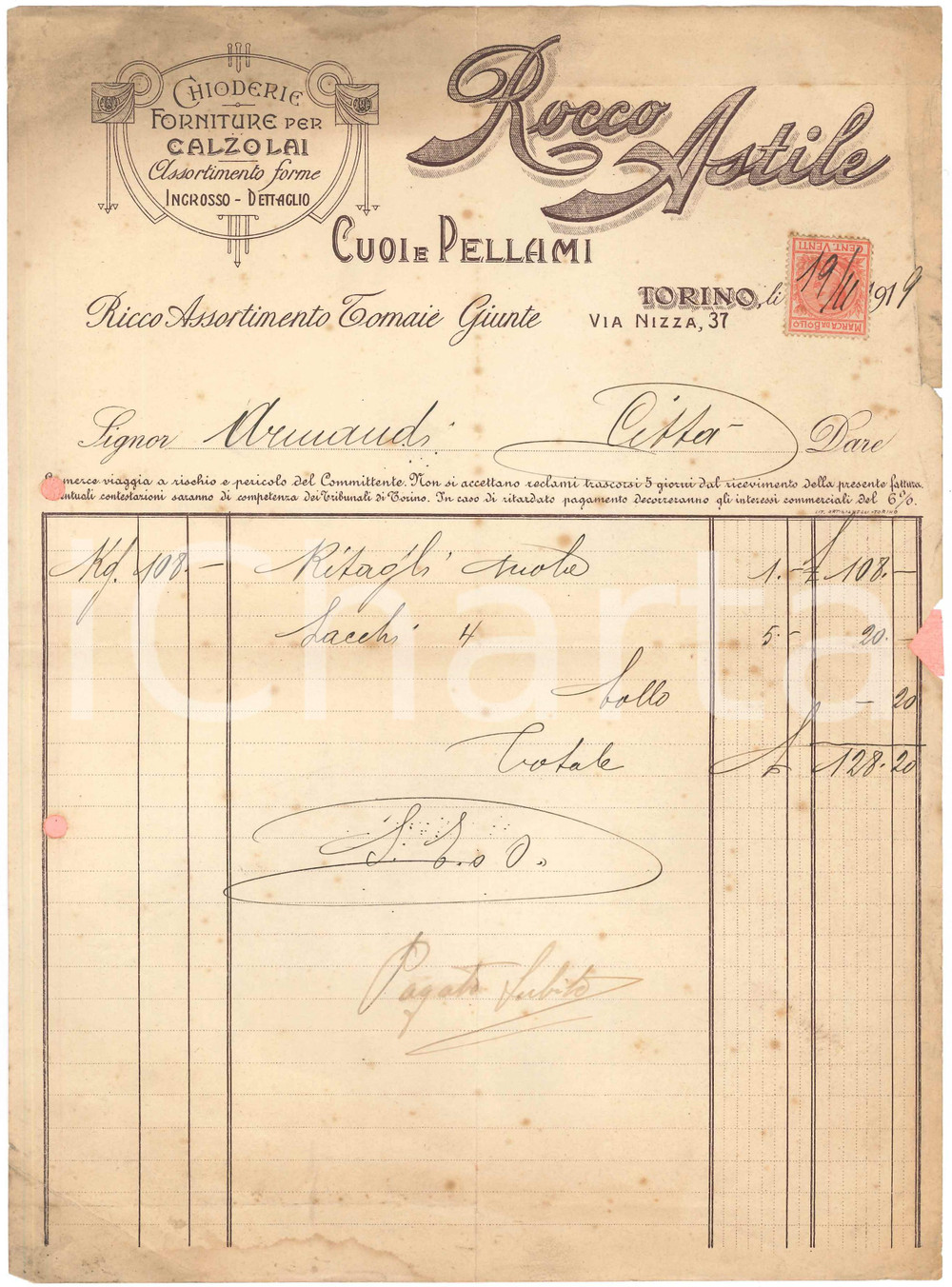 1919 TORINO Via Nizza 37 - Rocco ASTILE Cuoi e Pellami - Fattura