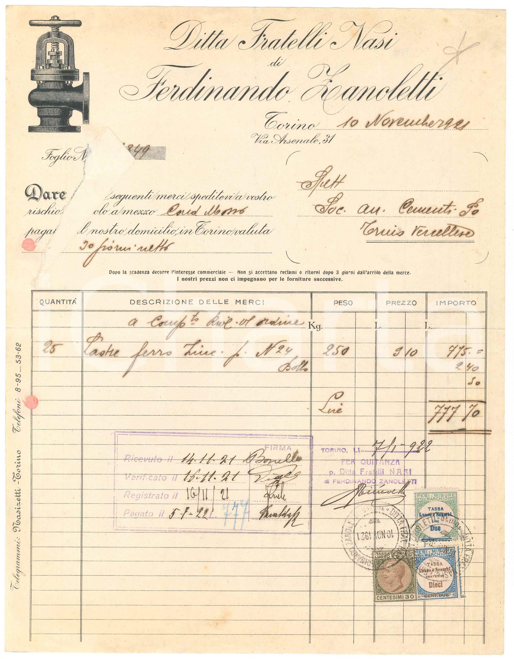 1921 TORINO Via Arsenale - Ditta FRATELLI NASI di Ferdinando ZANOLETTI - Fattura