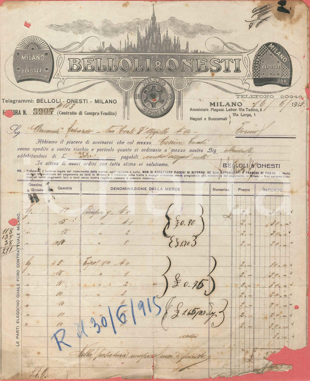 1915 MILANO Via Tadino 8 - BELLOLI & ONESTI Tacchi - Fattura