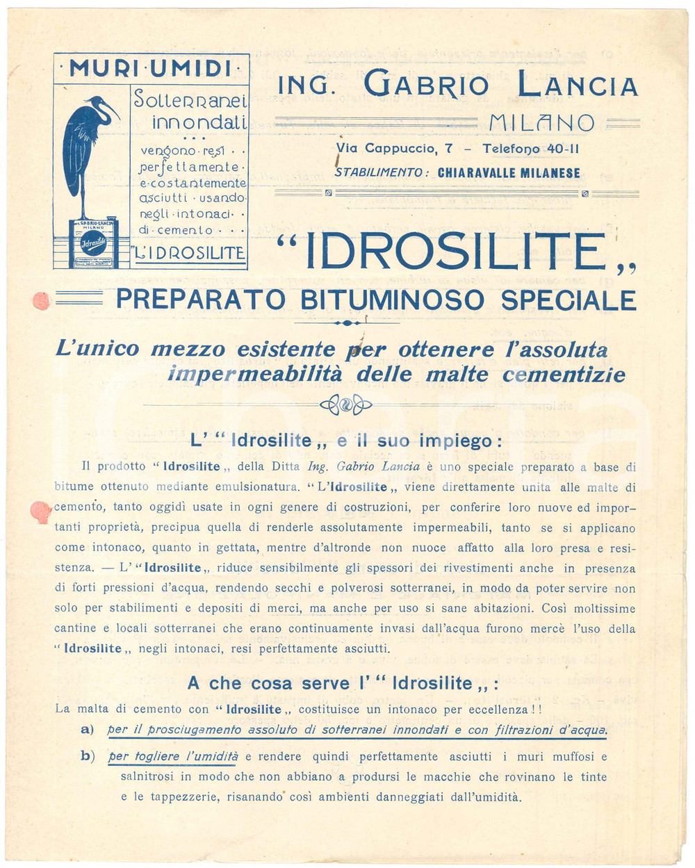 1920 MILANO Ing. Gabrio LANCIA - IDROSILITE preparato bituminoso - Pieghevole  Pieghevole pubblicitario d'epoca.PAGINE: 4 POOR/danneggiato piegature e fori da classificatore Formato: 23x28 cm originale e autentica 1