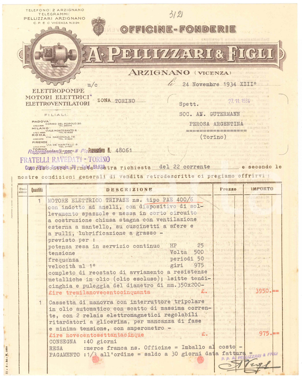 1934 ARZIGNANO (VI) A. PELLIZZARI & Figli Officine Fonderie - Preventivo