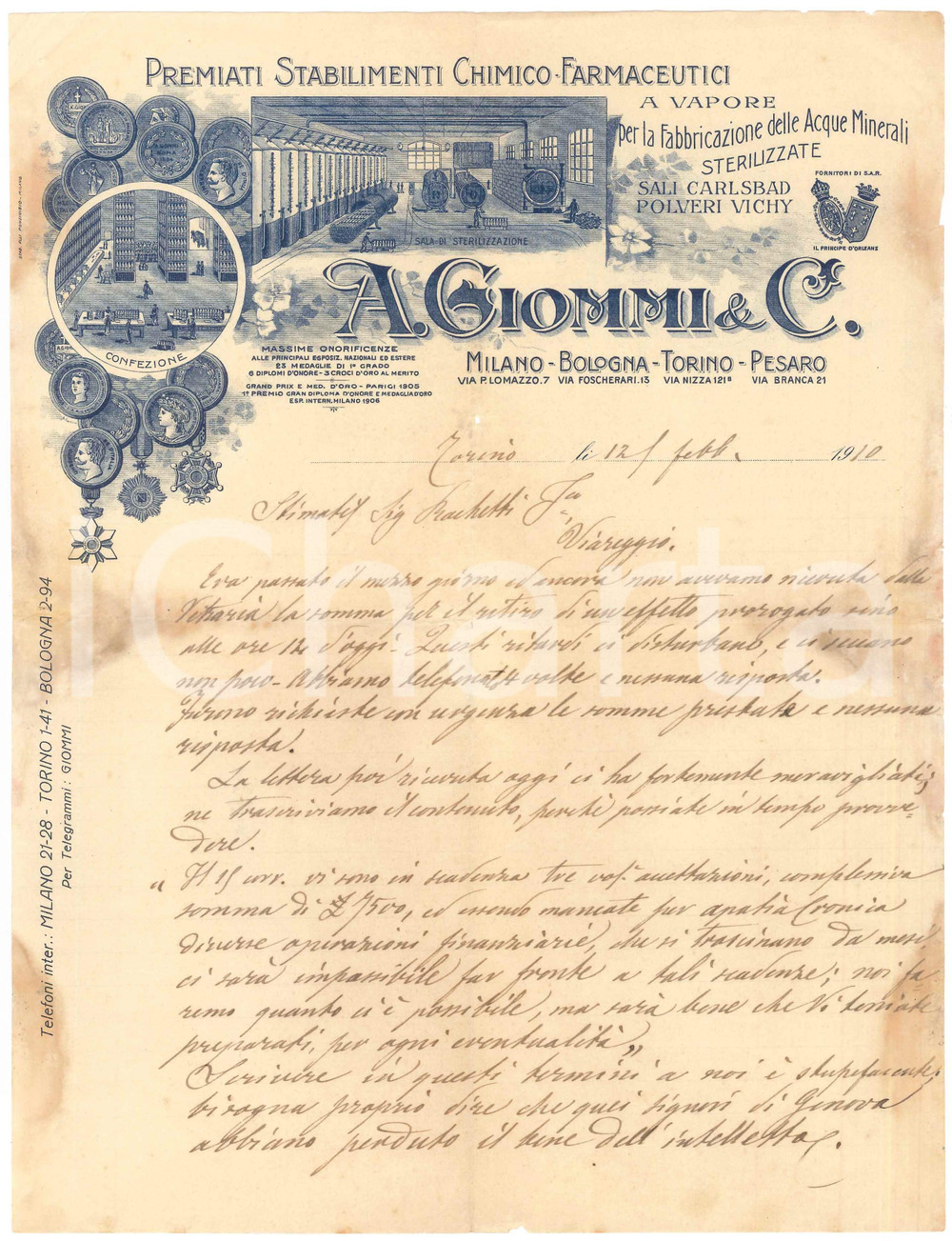 1910 TORINO Ditta A. GIOMMI Stabilimenti Chimico-Farmaceutici *Lettera