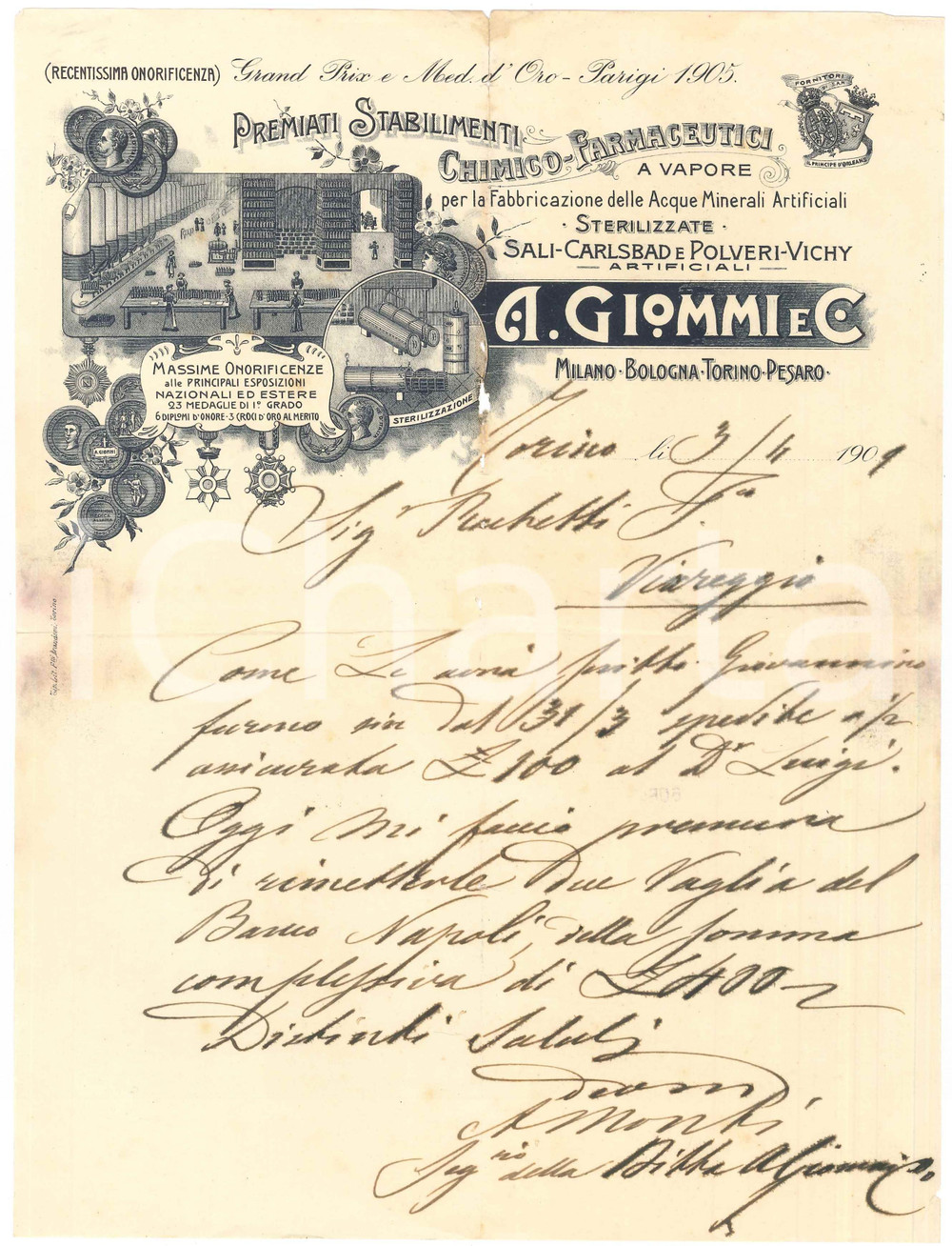 1909 TORINO Ditta A. GIOMMI Stabilimenti Chimico-Farmaceutici *Lettera