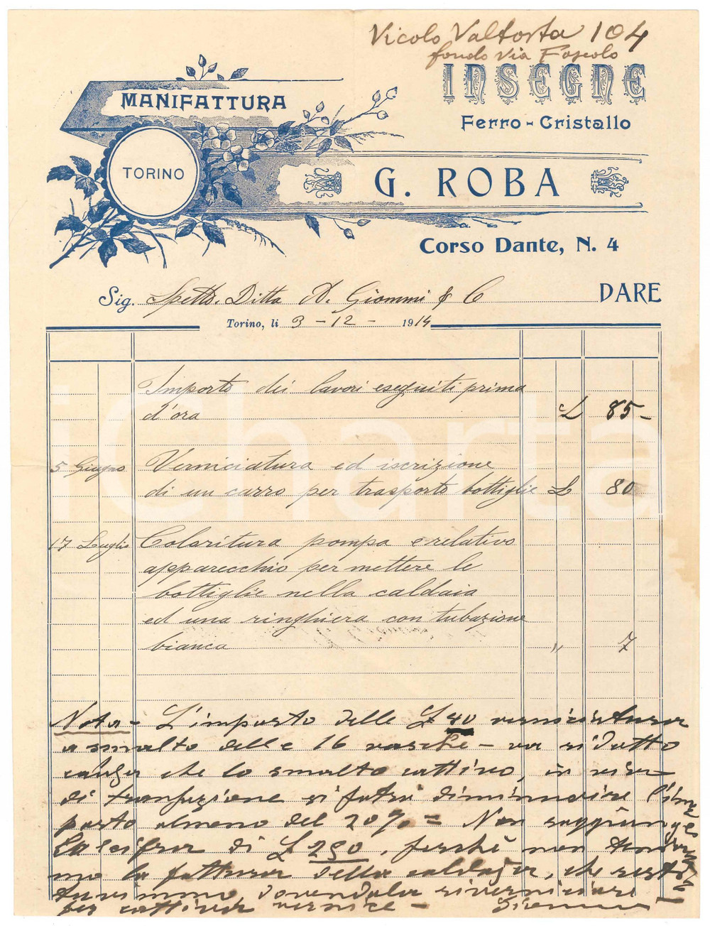 1914 TORINO Corso Dante 4 - G. ROBA Insegne ferro-cristallo *Fattura