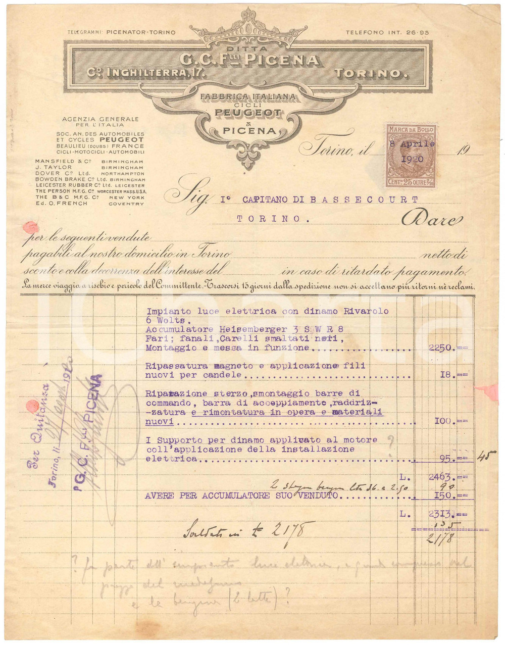 1920 TORINO corso Inghilterra 17 - Ditta G. C. PICENA - Cicli PEUGEOT - Fattura