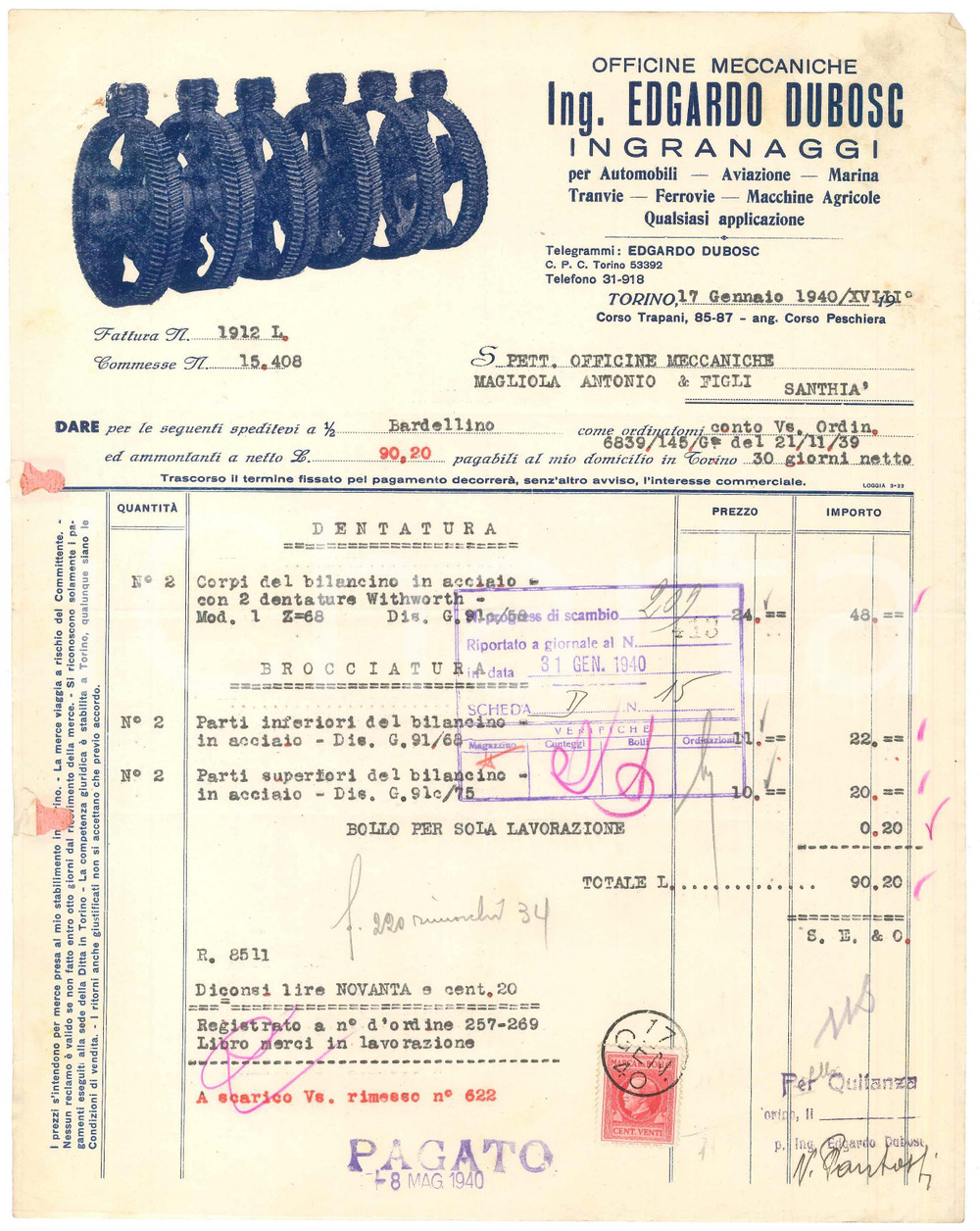 1940 TORINO corso Trapani - Ing. Edgardo DUBOSC Officine meccaniche - Fattura