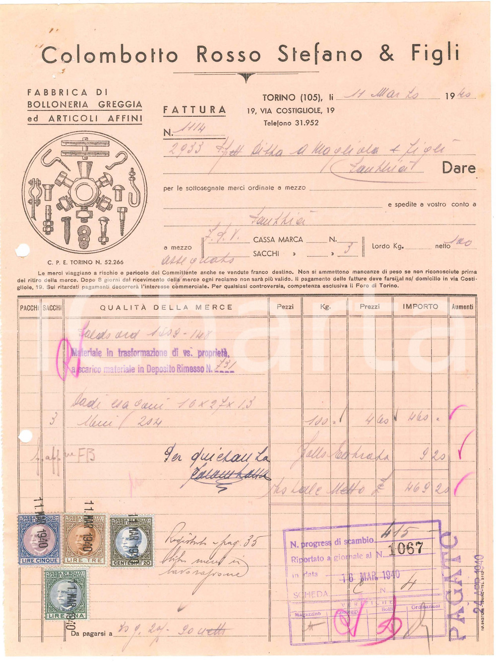 1940 TORINO via Costigliole 19 - COLOMBOTTO ROSSO Stefano - Bolloneria - Fattura