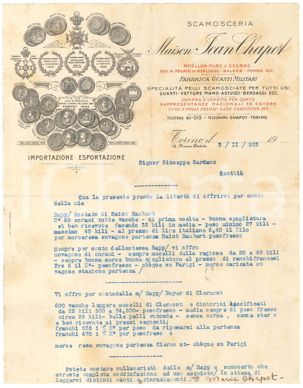 1923 TORINO Piazza Statuto - Maison Jean CHAPOT Scamosceria *Lettera 3 Lettera commerciale d'epoca dattiloscritta, su carta intestata.PAGINE: 1 POOR/danneggiato piegature d'epoca e fioriture Formato: 22x28 cm originale e autentica 1