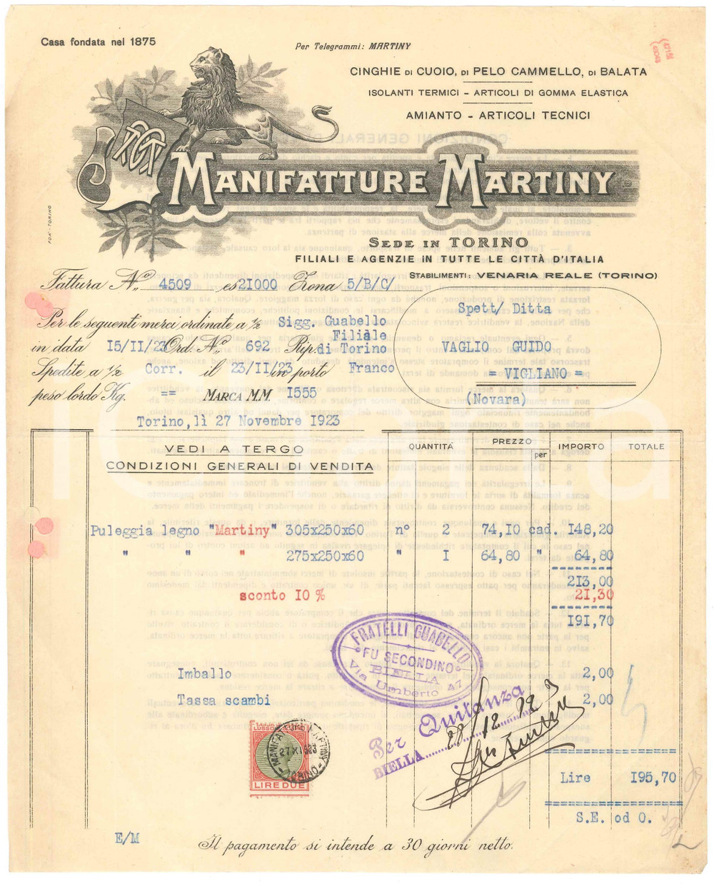 1923 TORINO Via Susa 5 - Manifatture MARTINY Cinghie e isolanti *Fattura
