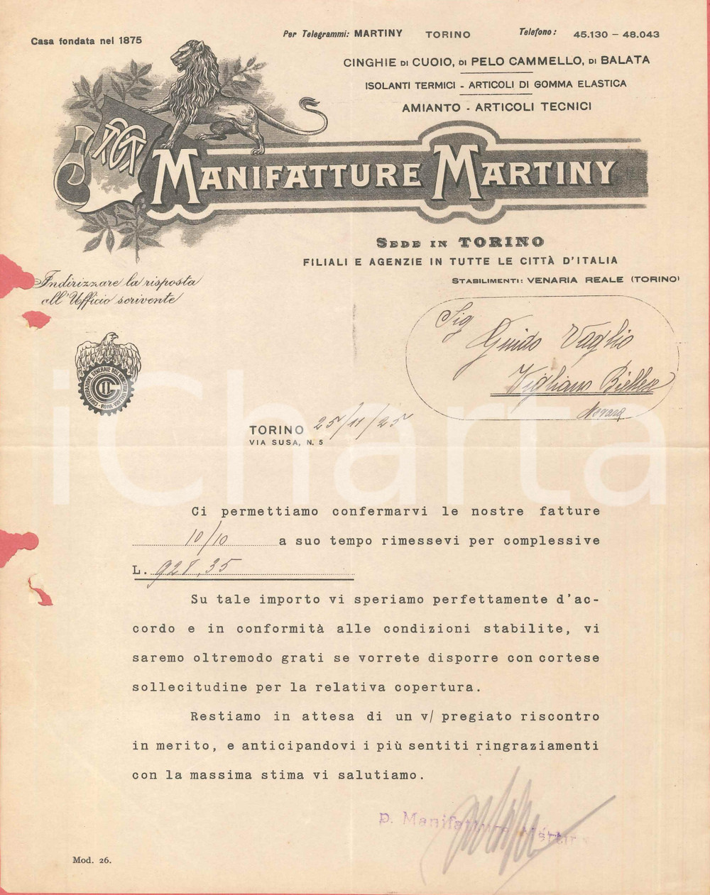 1925 TORINO Via Susa 5 - Manifatture MARTINY Cinghie e isolanti *Lettera