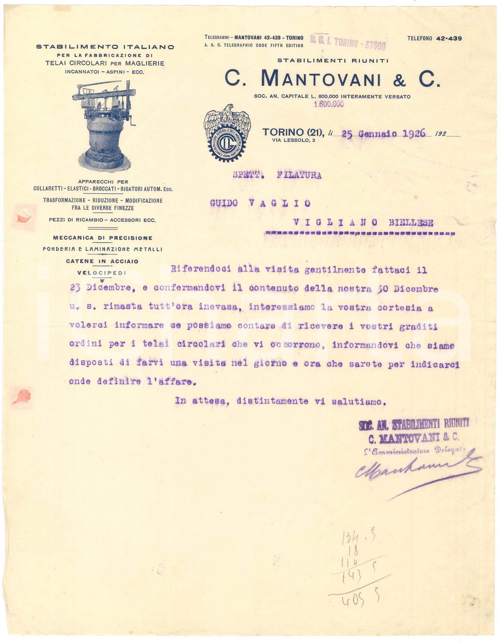 1926 TORINO Via Lessolo 3 - C. MANTOVANI & C. Telai per maglierie - Lettera