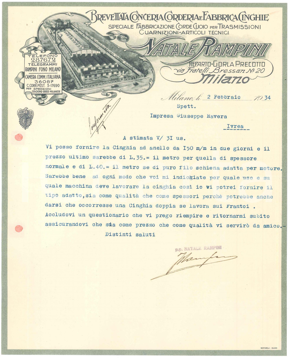 1934 MILANO Via F.lli Bressan 20 - Natale RAMPINI Conceria Corderia *Lettera (1)