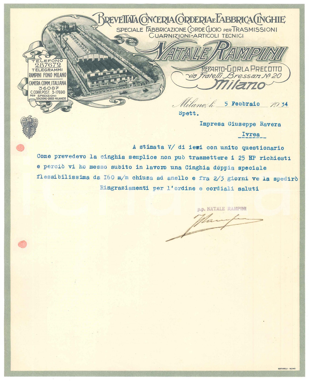 1934 MILANO Via F.lli Bressan 20 - Natale RAMPINI Conceria Corderia *Lettera (2)