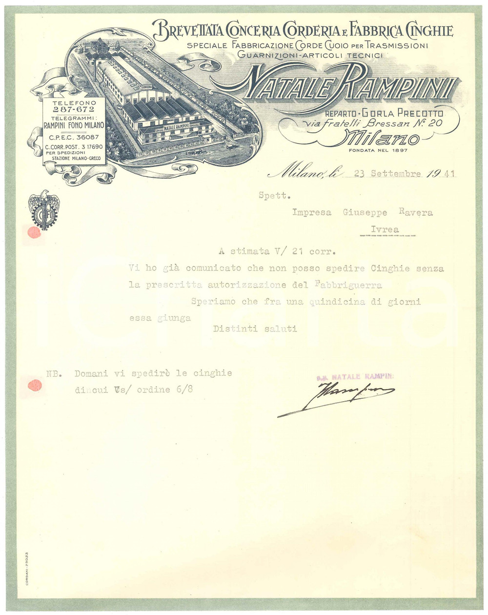 1941 WW2 MILANO Conceria Natale RAMPINI Autorizzazione dal Fabbriguerra ^Lettera