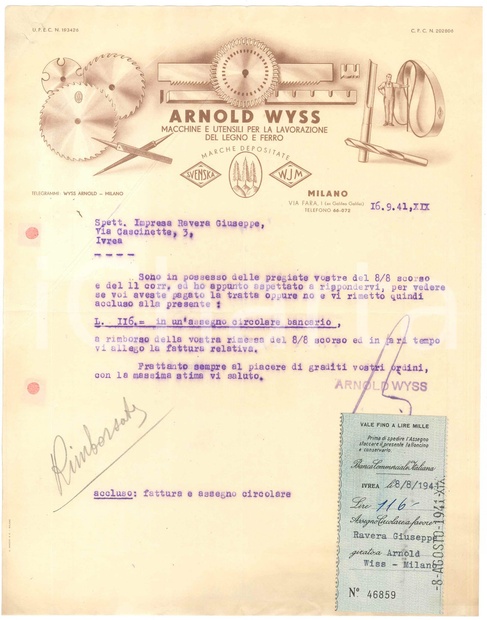 1941 MILANO Via Fara - Arnold WYSS Macchine e utensili per legno e ferro Lettera