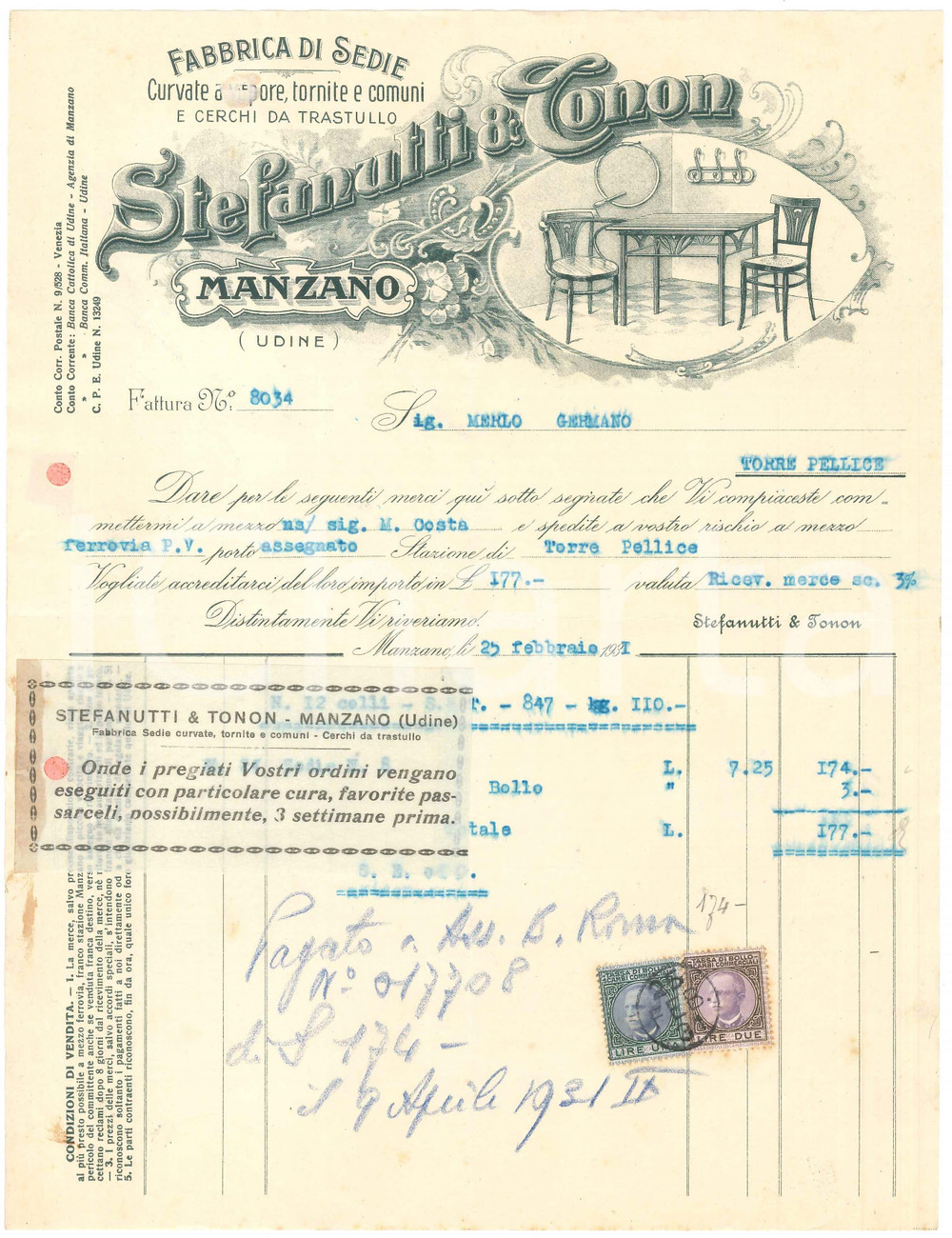 1931 MANZANO (UD) - STEFANUTTI & CONON Fabbrica di sedie - Fattura (1)