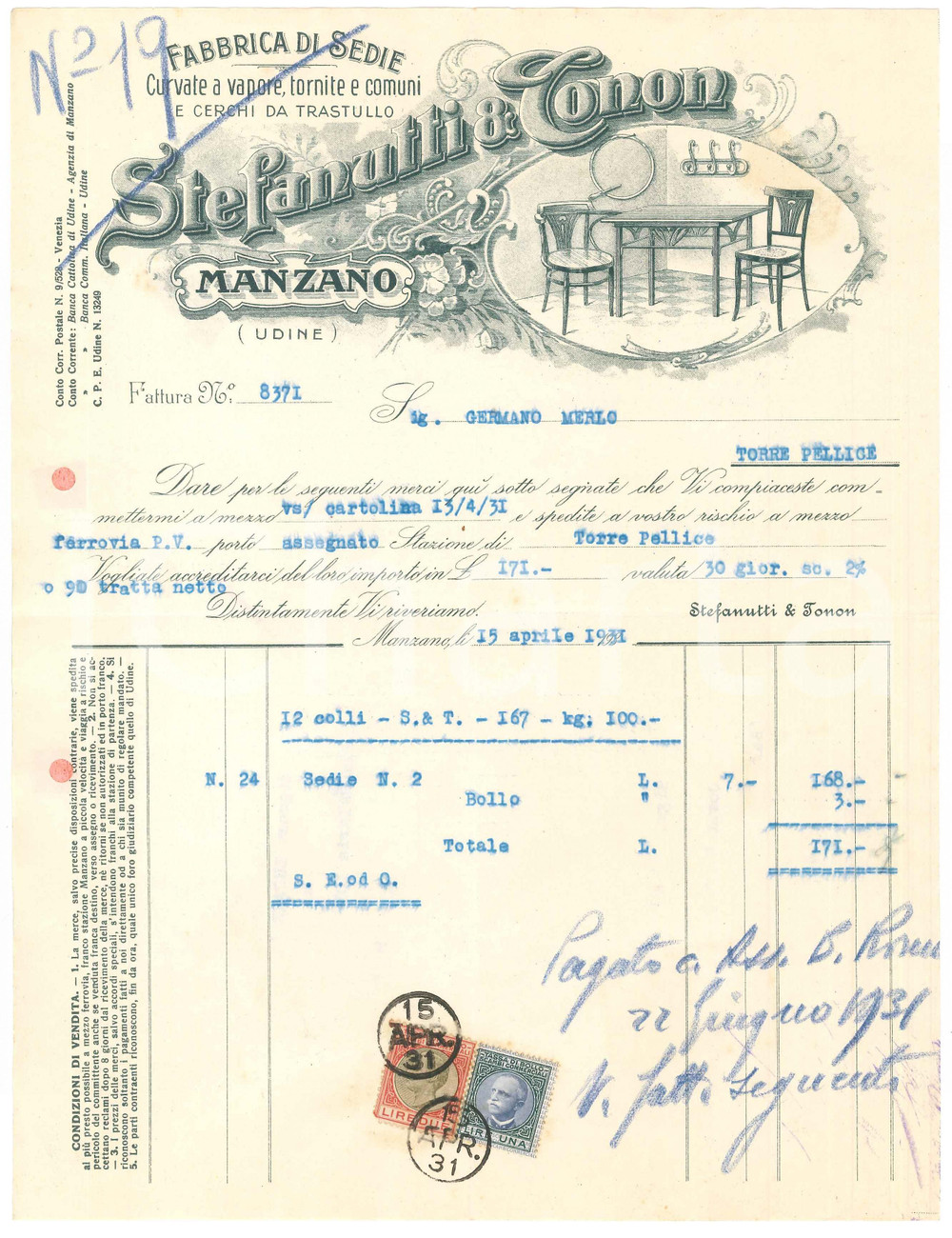 1931 MANZANO (UD) - STEFANUTTI & CONON Fabbrica di sedie - Fattura (3)