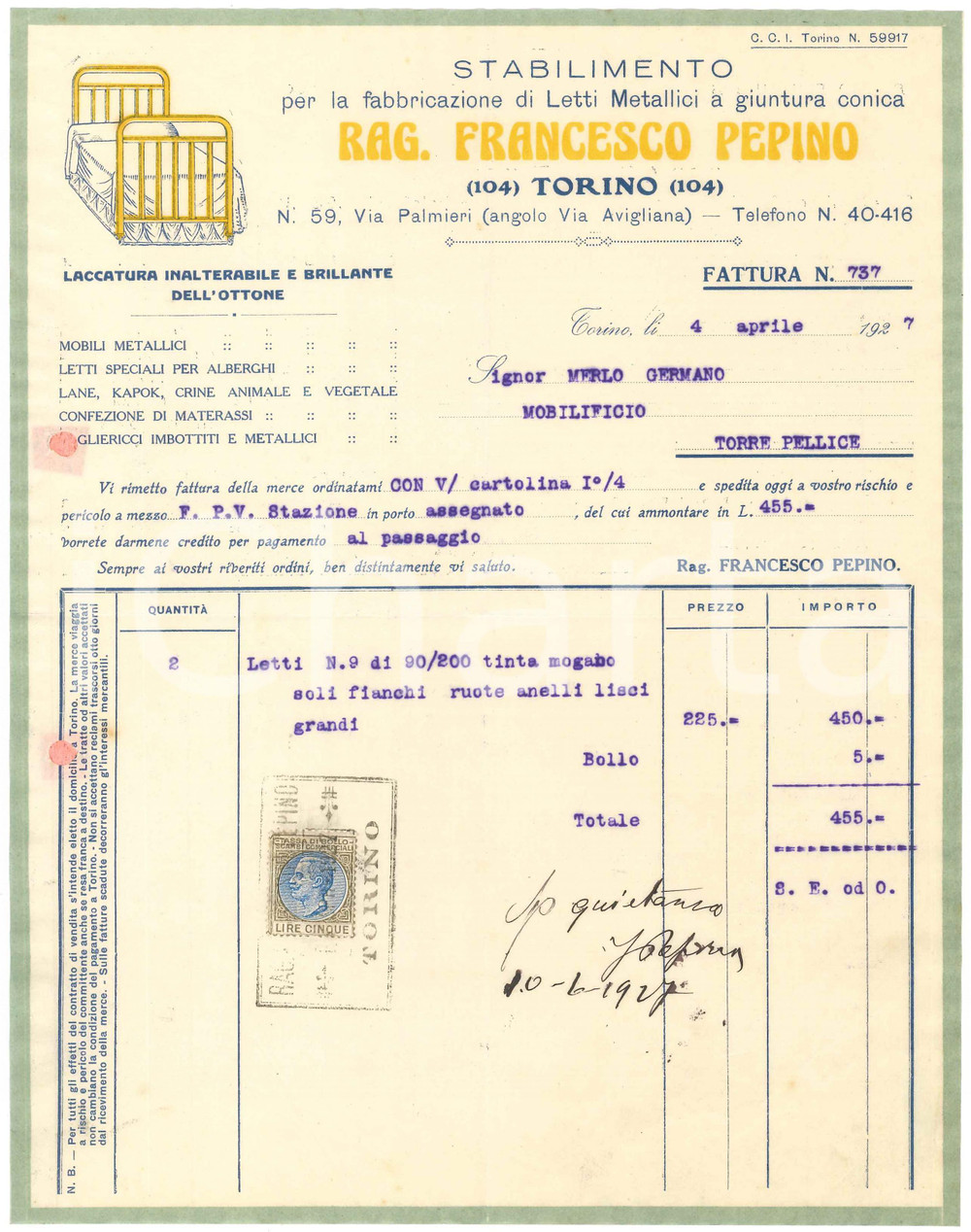 1927 TORINO Via Palmieri 59 - Rag. Francesco PEPINO Letti metallici *Fattura (1)