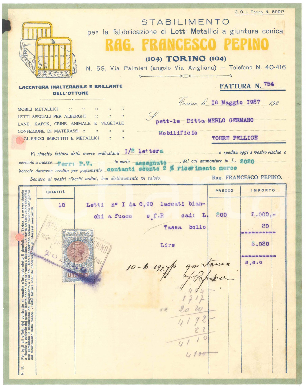 1927 TORINO Via Palmieri 59 - Rag. Francesco PEPINO Letti metallici *Fattura (3)